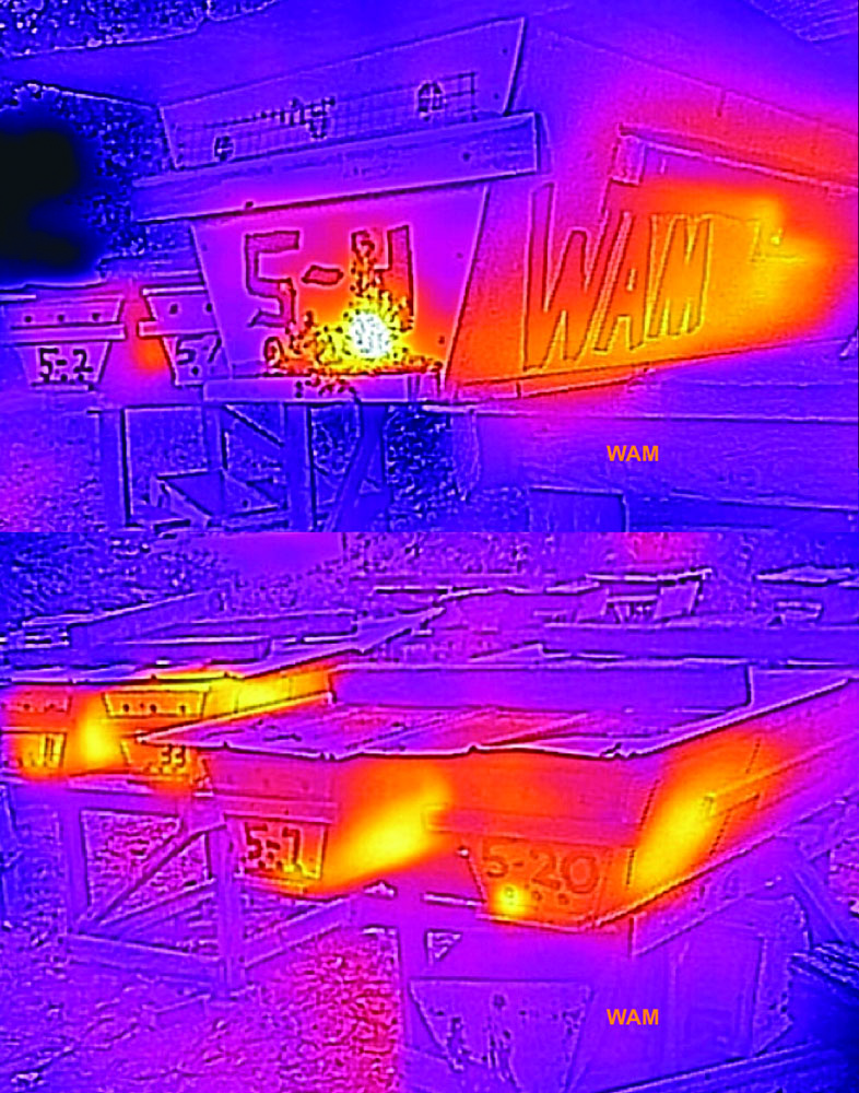 Figure 3 One of my top-bar apiaries shown with an artistic thermal heat scale. The upper picture is a hive close up while the lower one shows an apiary. The glow indicates heat from the hives with brighter meaning hotter. The hot brood nests, located near the entrances, glow the brightest. My entire top-bar operation is mobile. If I lose an apiary location, I move everything quickly. No need for help. That happened last Summer when the loggers came – Poof! That apiary was gone like a ghost!