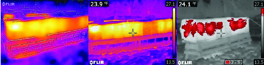 Wrapped hives at Ft. Missoula - FLIR. 1st Generation FLIR ONE with MSX technology (left), FLIR E60 professional camera (middle), FLIR E60 with grey/red (hot) thresholding set at 25.3°F. Stated resolution of the FLIR ONE 4,800; FLIR E60 72,800 radiometric pixels.