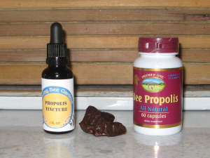 Propolis is available in several forms including raw (chunks), powdered (usually encapsulated or mixed with honey) and as a tincture.