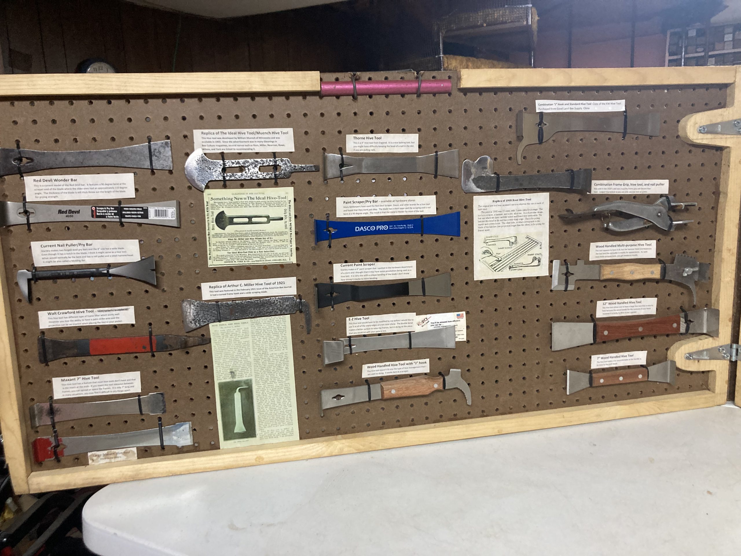 One of four boards containing Jim’s hive tool collection.
